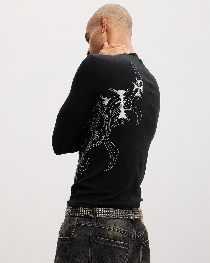 【DND4DES】Honeysuckle Pattern Cross Wool Long Sleeve /【ディーエヌディーフォーデス】サイドクロスデザインウール長袖Tシャツ
