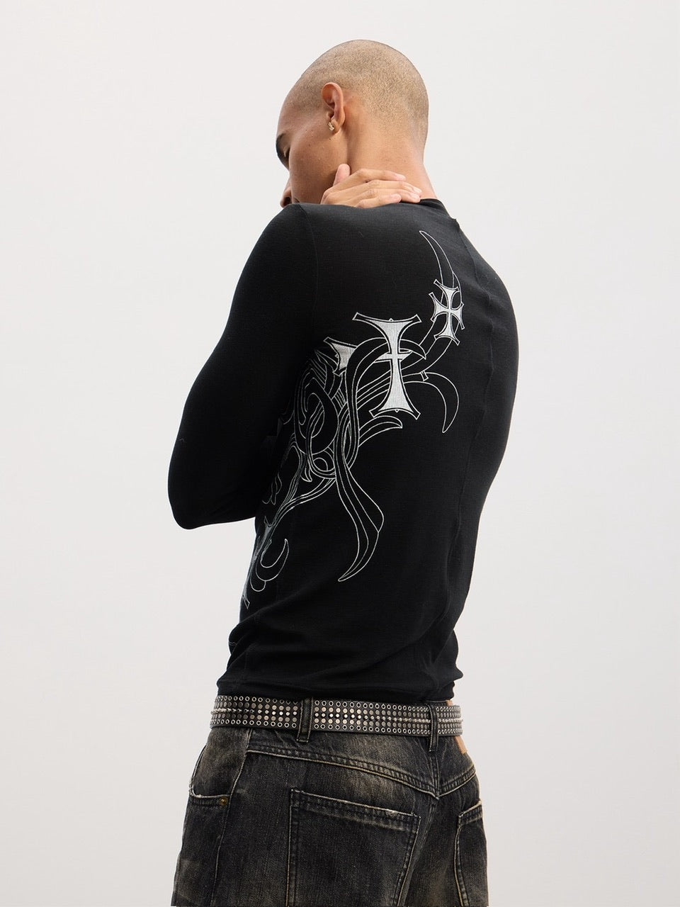 【DND4DES】Honeysuckle Pattern Cross Wool Long Sleeve /【ディーエヌディーフォーデス】サイドクロスデザインウール長袖Tシャツ