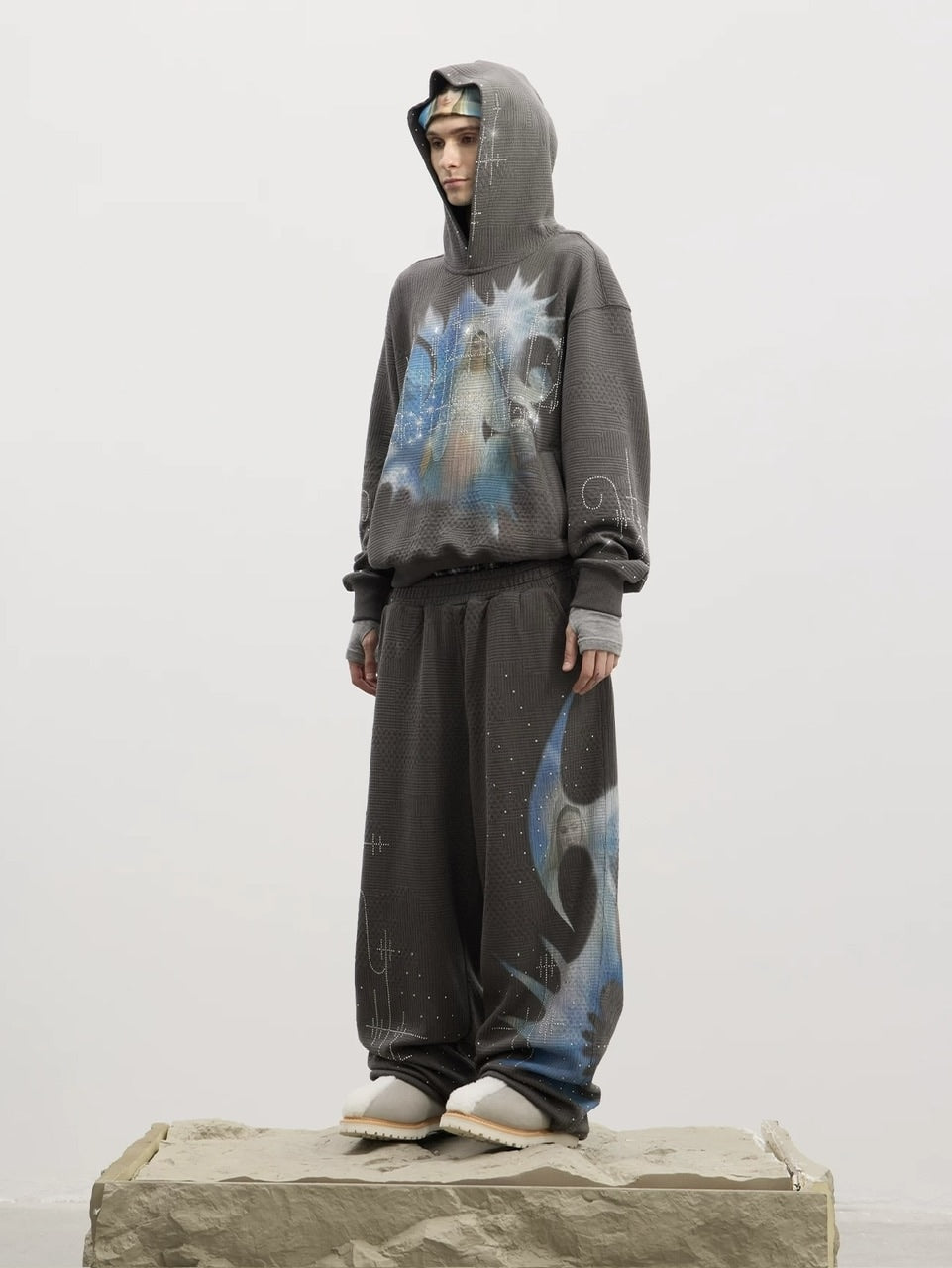 【DND4DES】Saint-M?・re De R?・ches Double-Waist Sweatpants /【ディーエヌディーフォーデス】ダブルウエストラインストーンスウェットパンツ