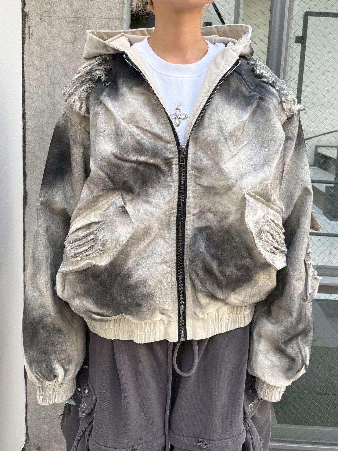 受注制【Never mind the XU】damage hood jacket / 【ネバーマインドザエックスユー】ダメージフードジャケット