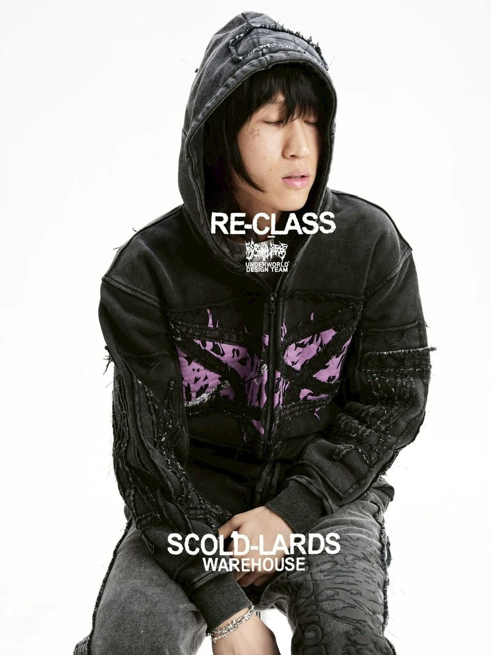 【Reckless Scholars】PENT PATCH FLANNEL HOODIE / 【レックレス スカラーズ】フロントデザインレイヤードウォッシュジップパーカー