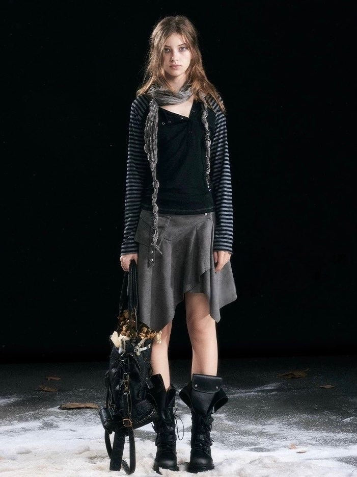 【Cest Nous】Asymmetric henley neck top / 【セヌー】ボーダースリーブ長袖Ｔシャツ