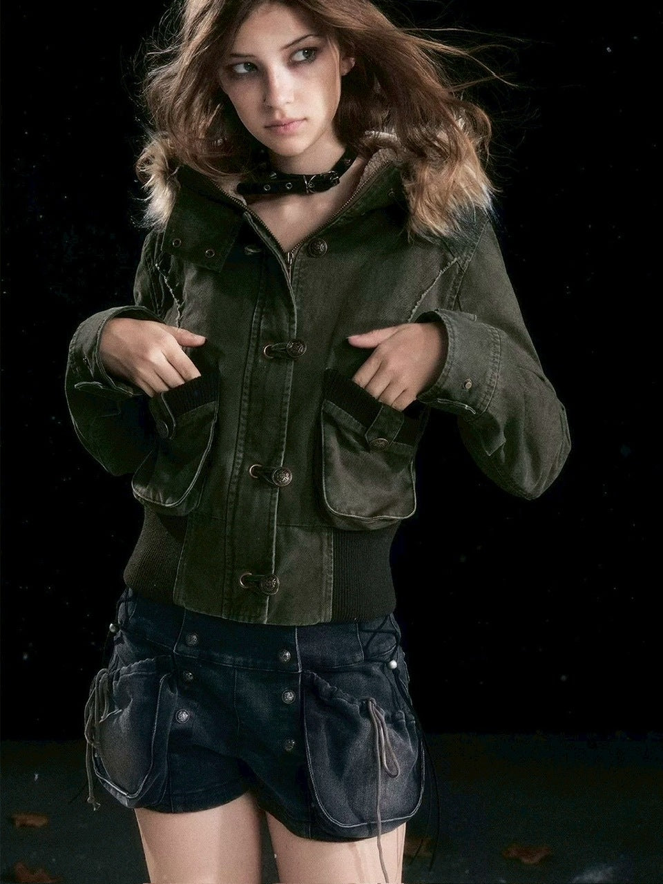 【Cest Nous】Military green washed jacket / 【セヌー】ファーフードミリタリージャケット