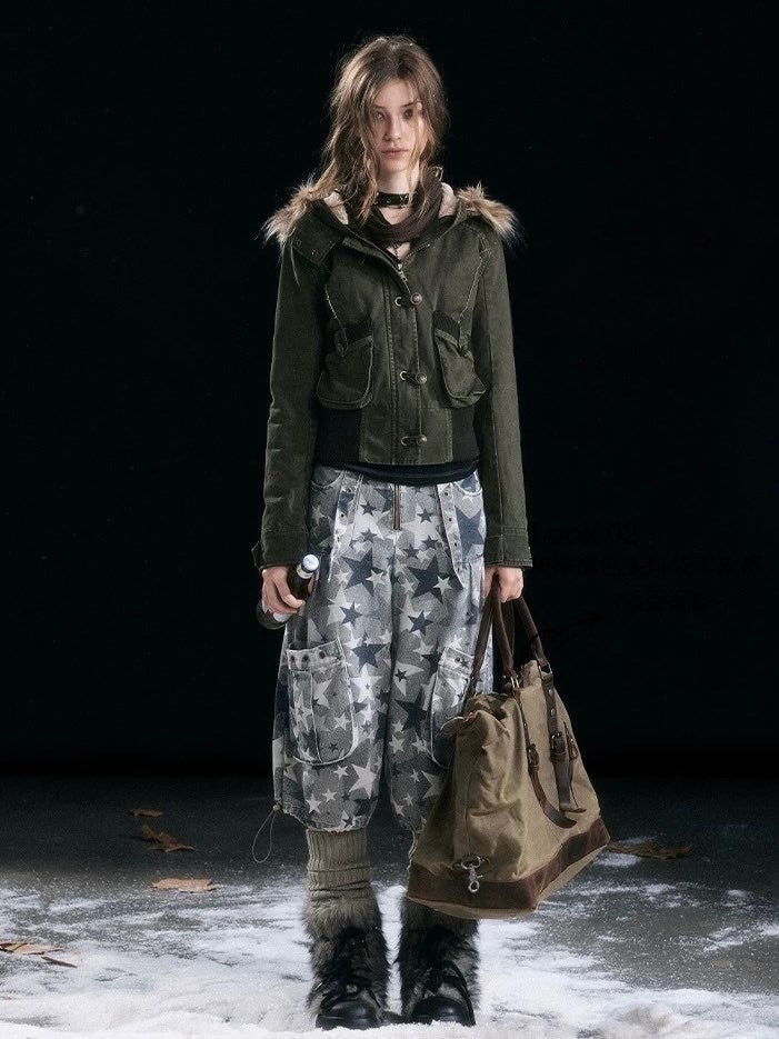 【Cest Nous】Star camouflage capri pants / 【セヌー】スターカモフラージュポケットハーフパンツ