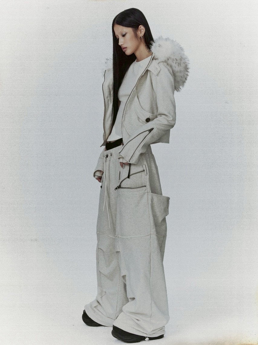 【bonienkiye】Distressed Seam Fur Hood Zip-Up