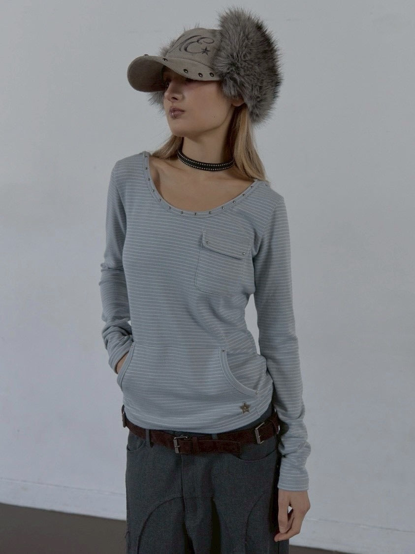 【SETUP‐EXE】SOFT STRIPE HOODIE TOP / 【セットアップエグゼ】ボーダーフード長袖Tシャツ