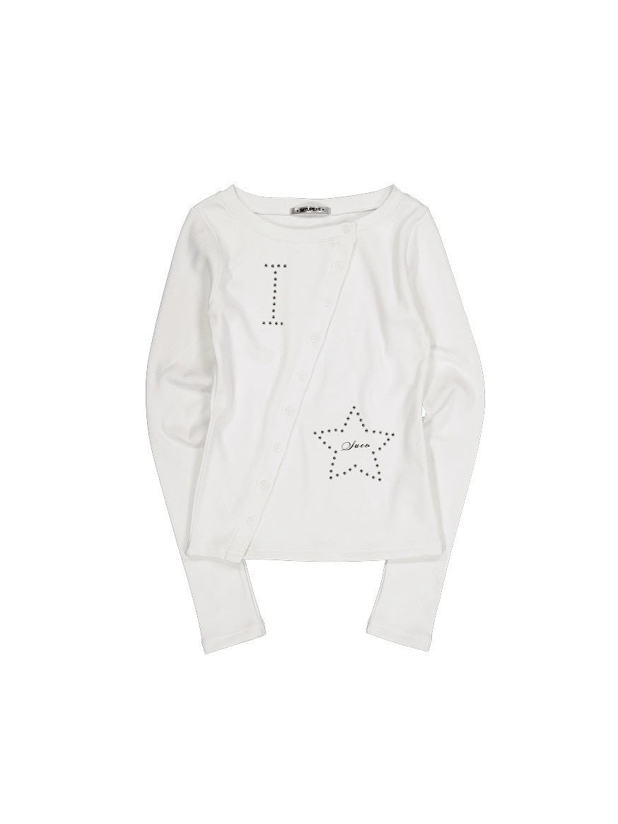 【SETUP‐EXE】STAR BUTTON TOP / 【セットアップエグゼ】ラインストーンボタン長袖Tシャツ