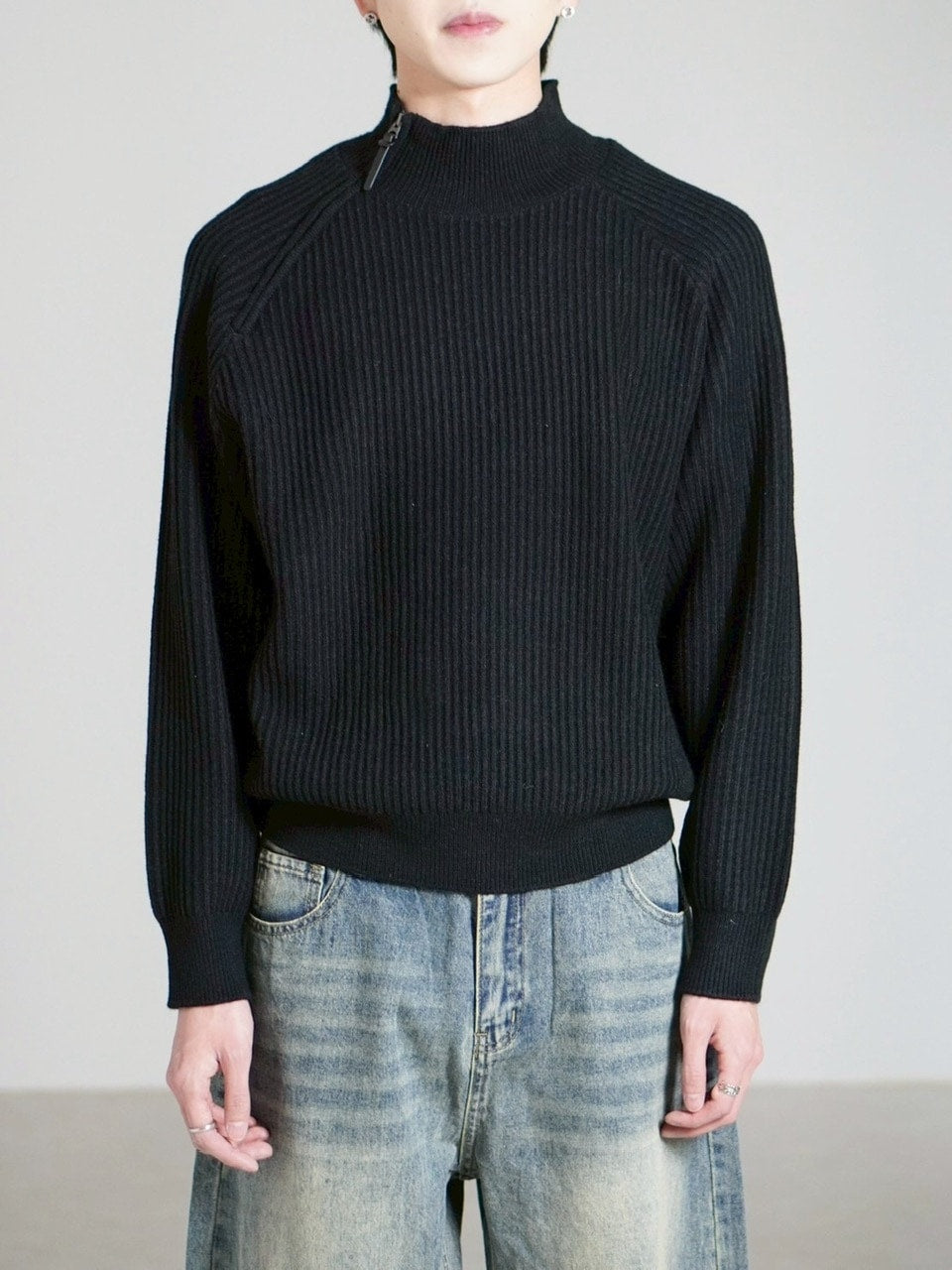受注制【Chikashitsu +】shoulder zipper rib knit (3color