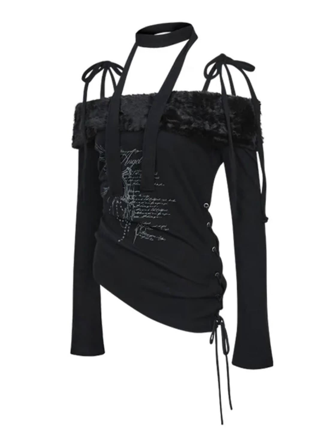 【NOT KNOWING】Fur Off Shoulder Lace Up Top