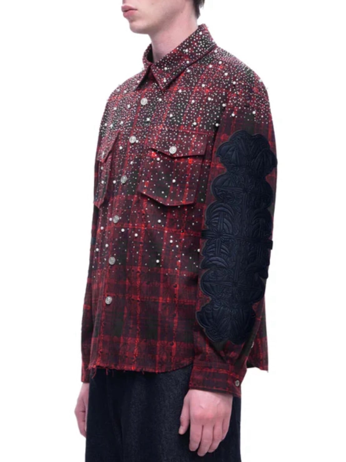 【The Boy Has No Patience】TBHNP LUMINOUS DAWN RHINESTONE PEARL BAT PATTERN L-S SHIRT / 【ザボーイハズノーペーシェンス】ラインストーンチェックシャツ