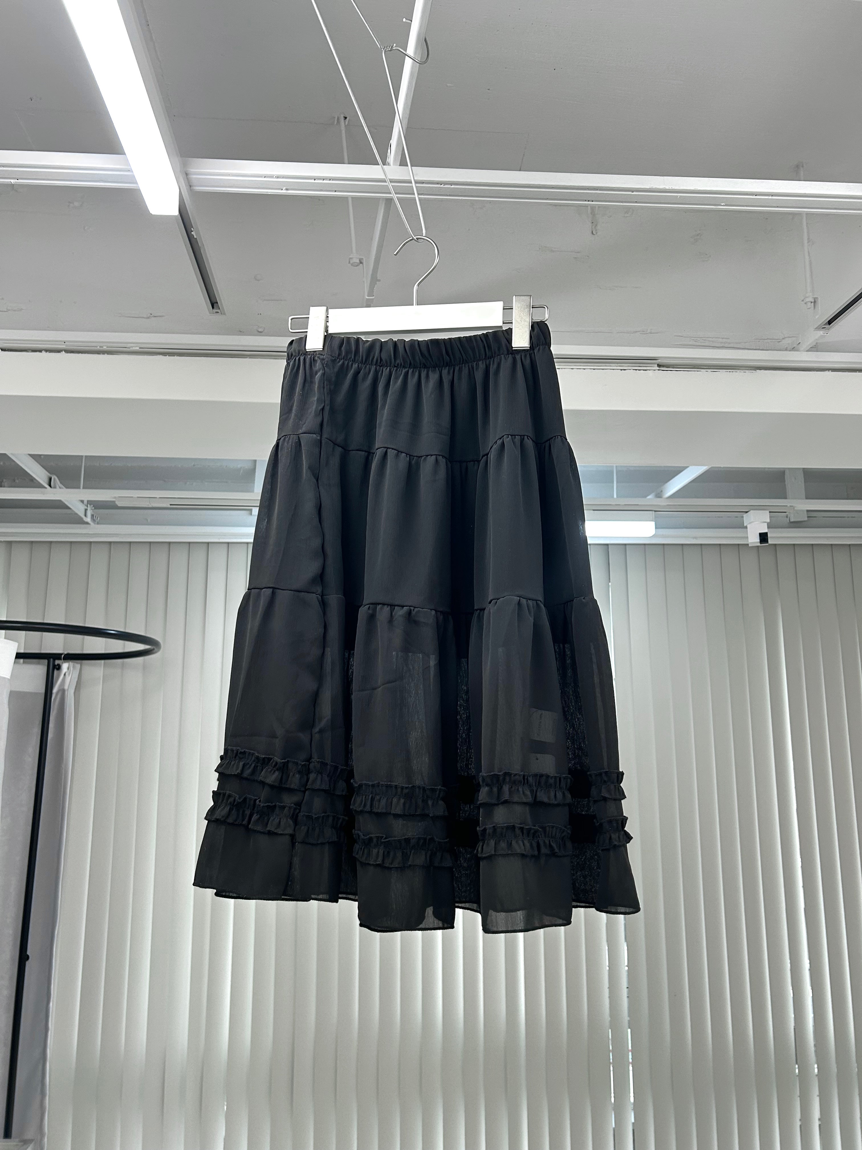 5/29 20:00発売 国際配送【Nerd out XU】see-through midium frill banding skirt (3color)
