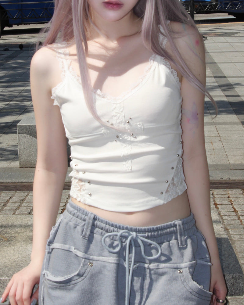 【CHERRYQUIRI】cross patch lace sleeveless