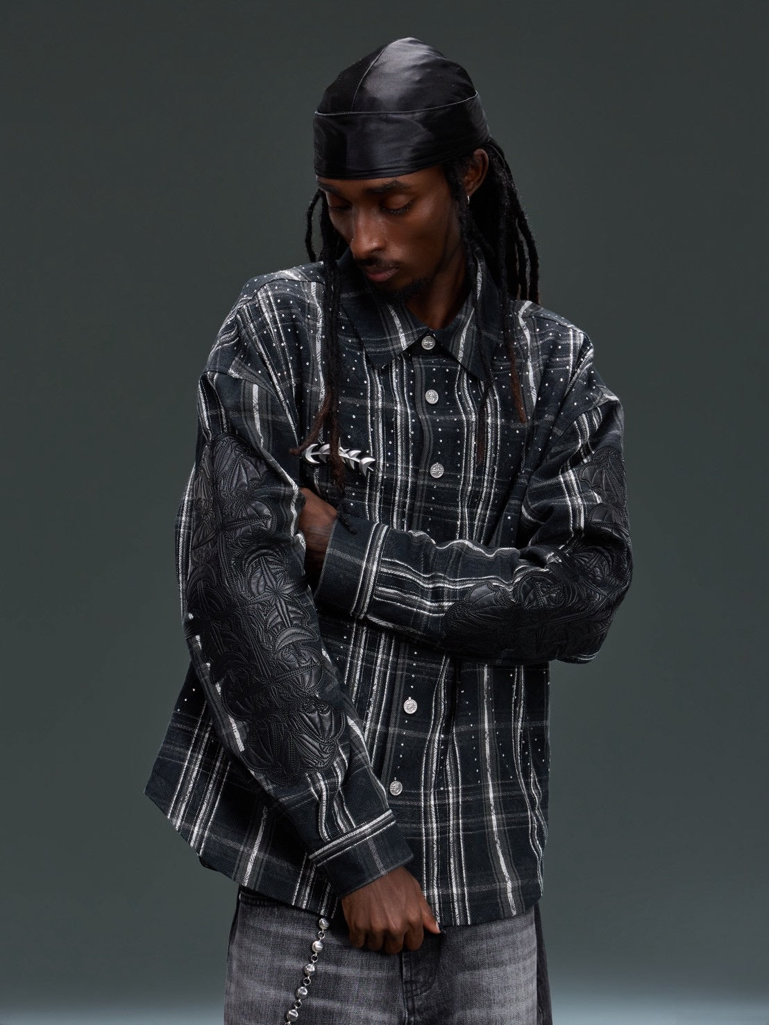 【The Boy Has No Patience】STARRY PATTERN RHINESTONE LEATHER SHIRT