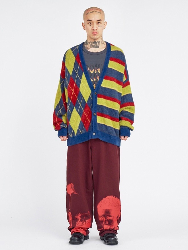 【AJOBYAJO】Argyle Stripe Mixed Cardigan / 【アジョバイアジョ】アーガイルストライプボーダーミックス長袖カーディガン