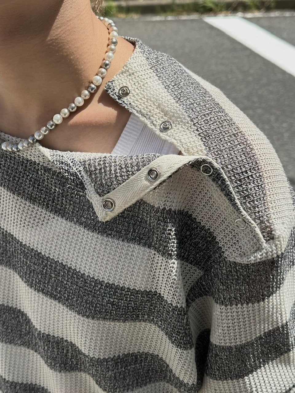 大阪店WEB限定受注制【Chikashitsu +】shoulder snap border knit (2color)