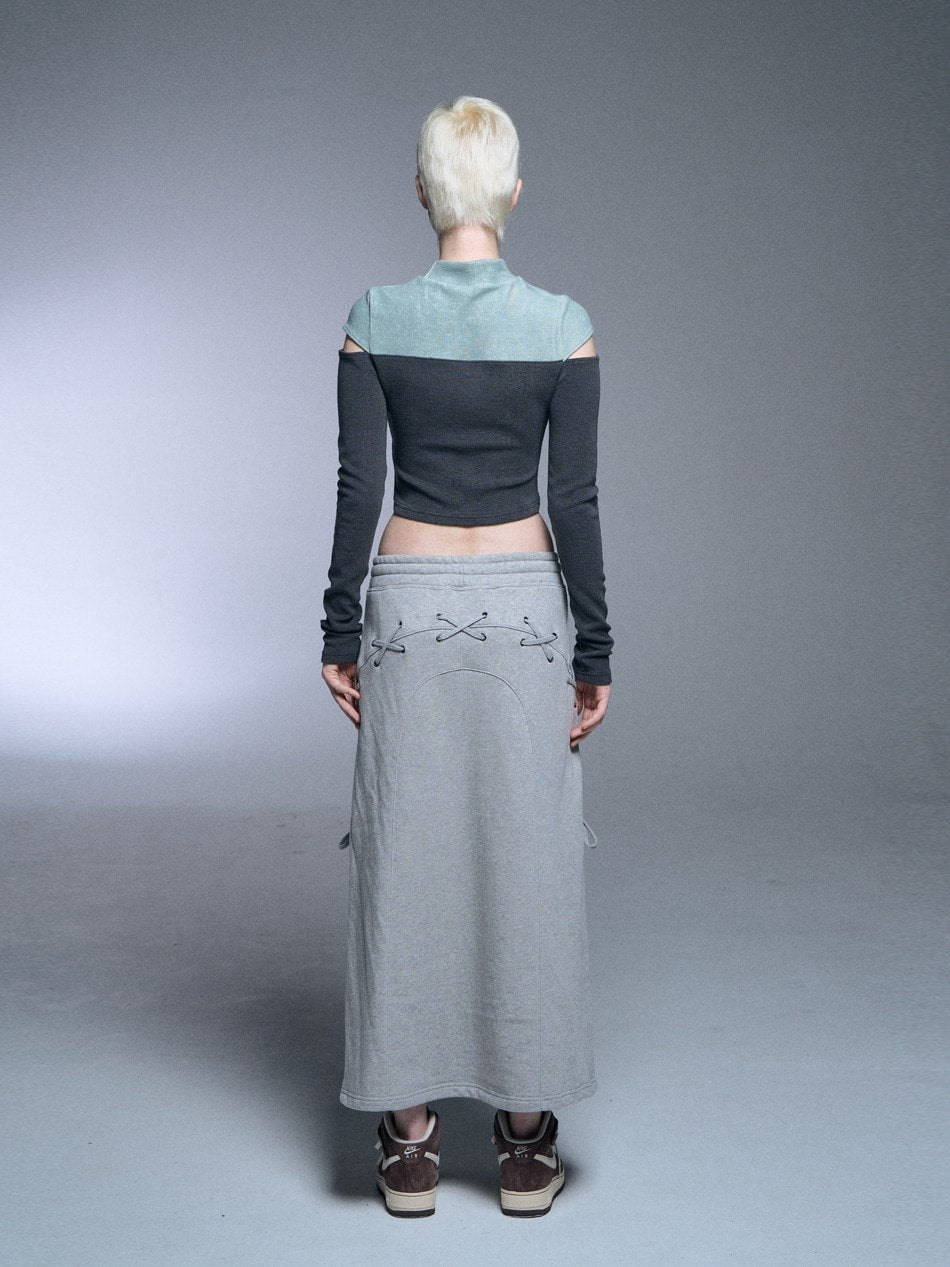 【SETUP‐EXE】TWO-TONE SLEEVE SLIT CROP TOP