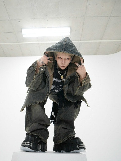 受注制【Never mind the XU】setup denim jacket (2color) / 【ネバーマインドザエックスユー】セットアップフードジップアップパーカーデニム長袖ジャケット