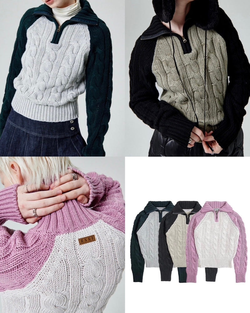 【runningHIGH】COLOR BLOCK TURTLENECK ZIP UP KNIT PULLOVER