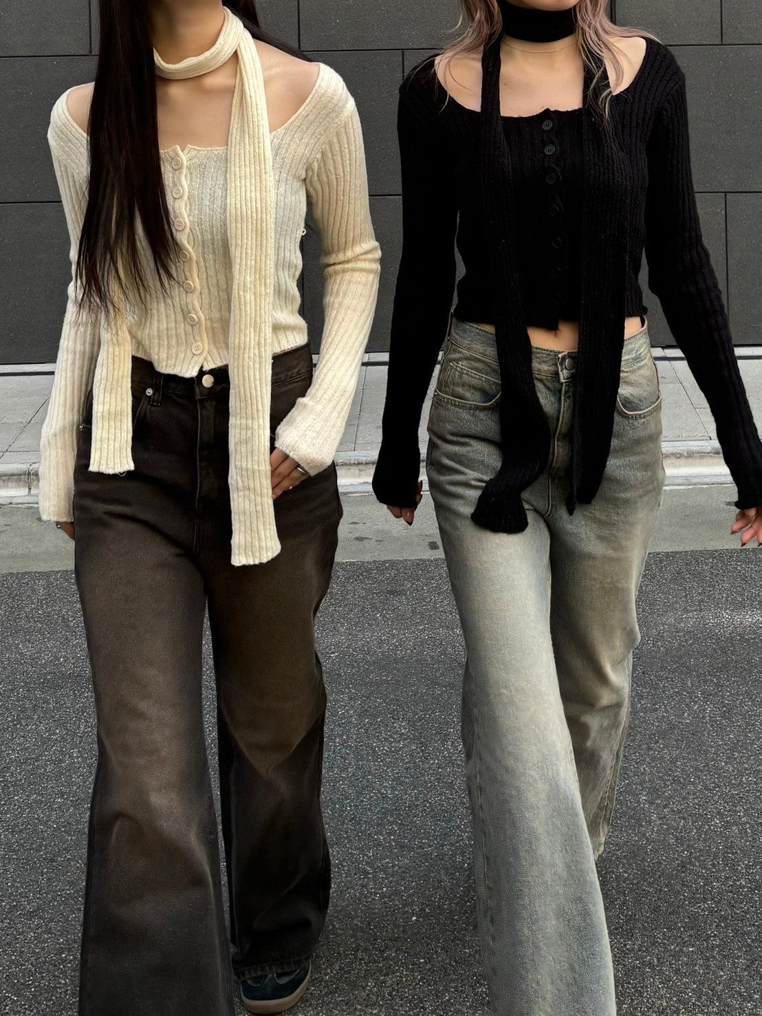 【Chikashitsu + LADIES】scarf set cropped knit tops (2color)