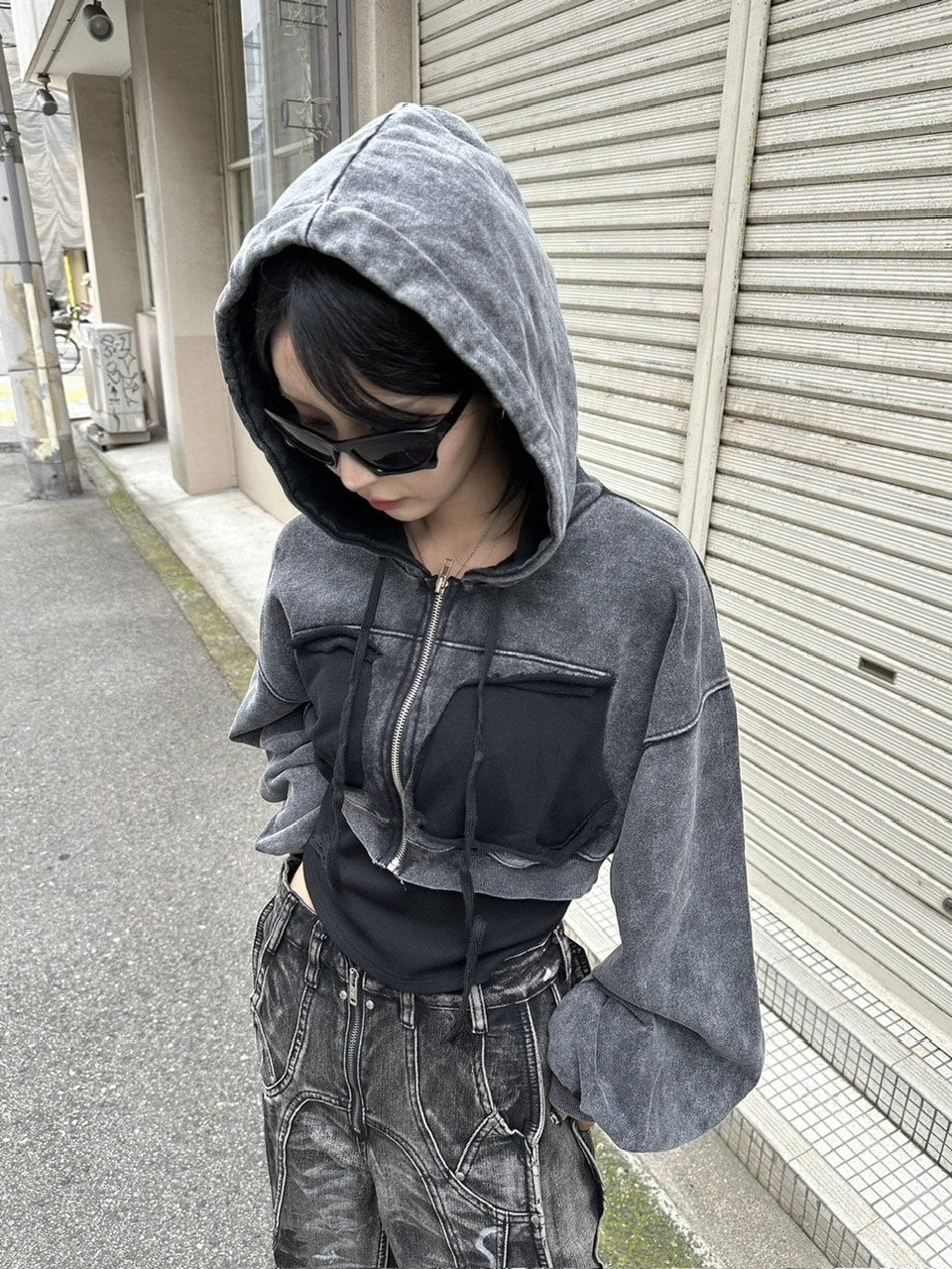 【Never mind the XU】washed crop zipup hoodie
