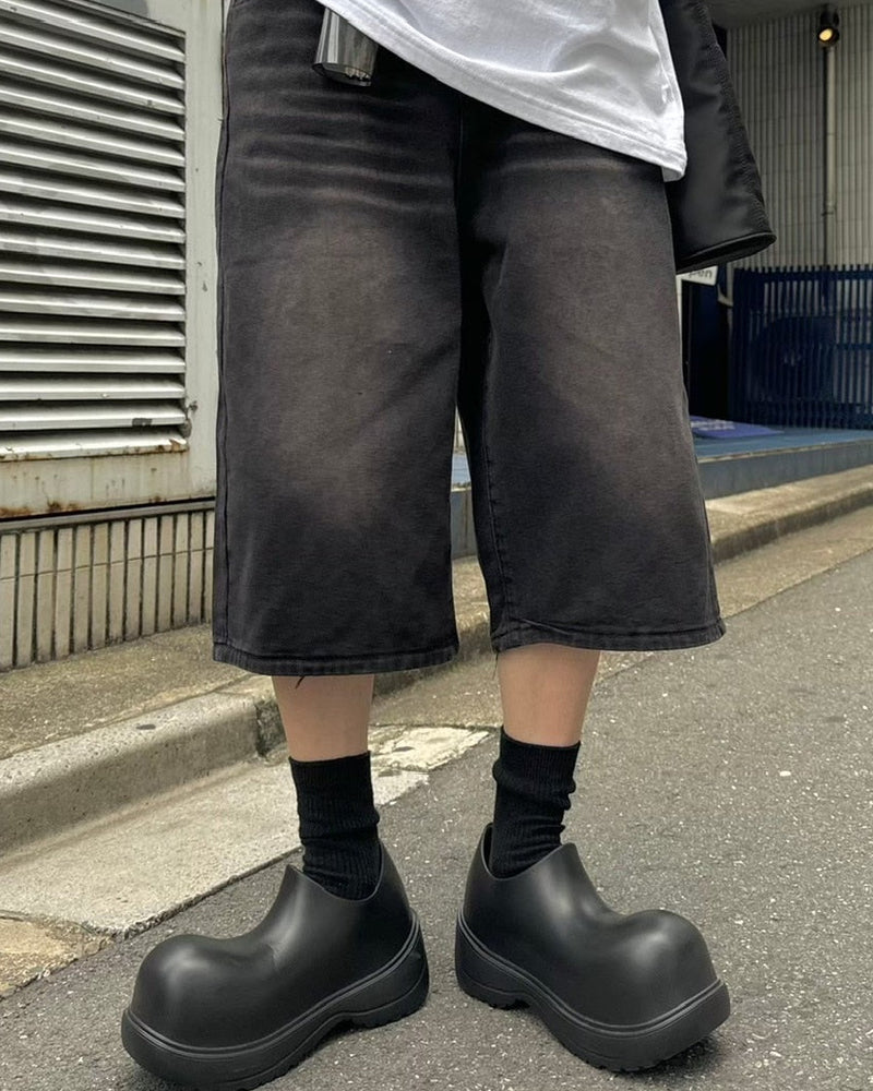 【Chikashitsu +】vintage wash wide denim half pants (2color)