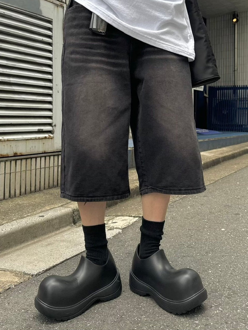 【Chikashitsu +】vintage wash wide denim half pants (2color)