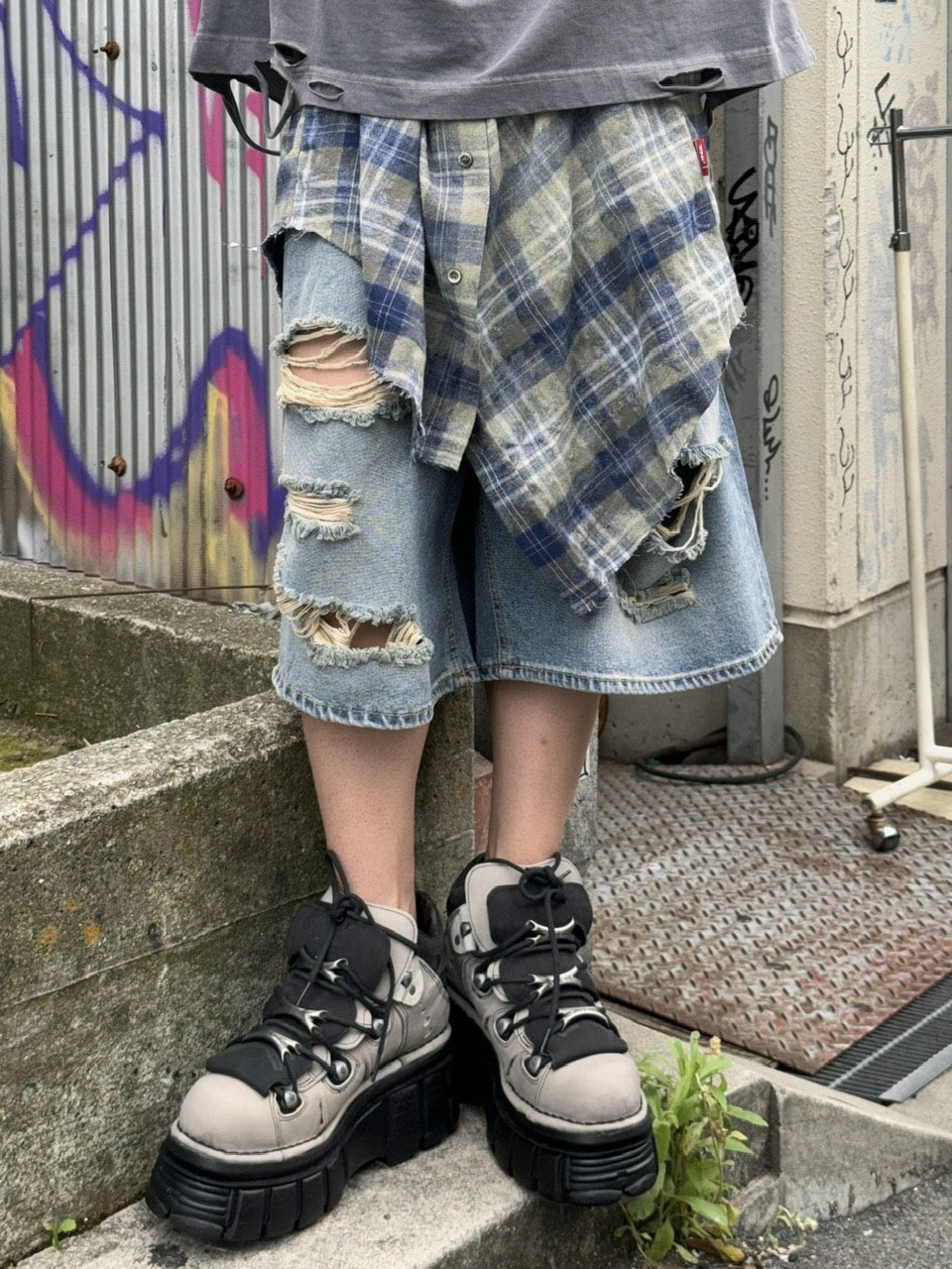 受注制【Never mind the XU】damage denim shorts 2 (2color)