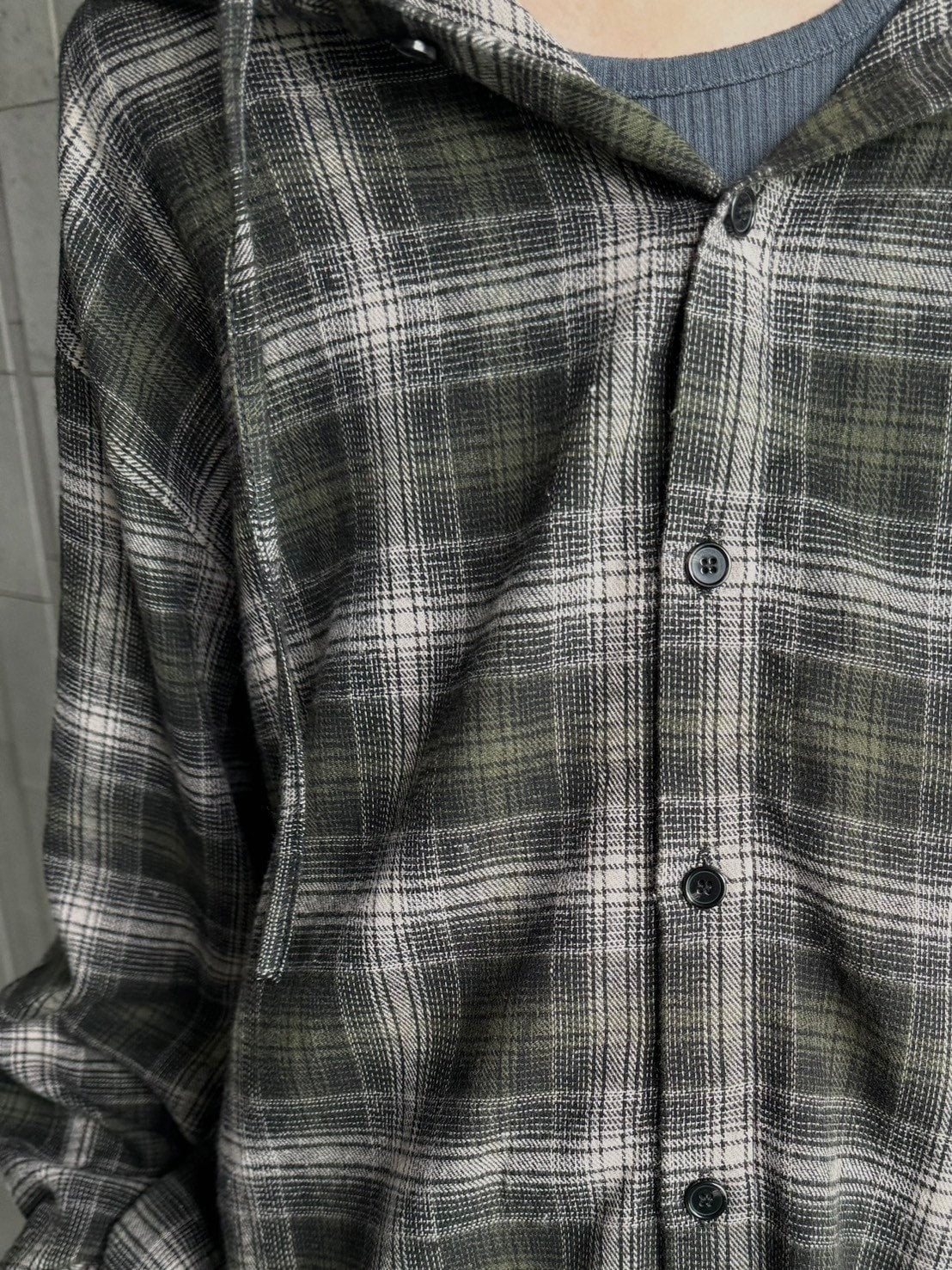 受注制【Chikashitsu +】glen check hooded shirt (2color) / 【チカシツプラス】グレンチェックフード長袖シャツ