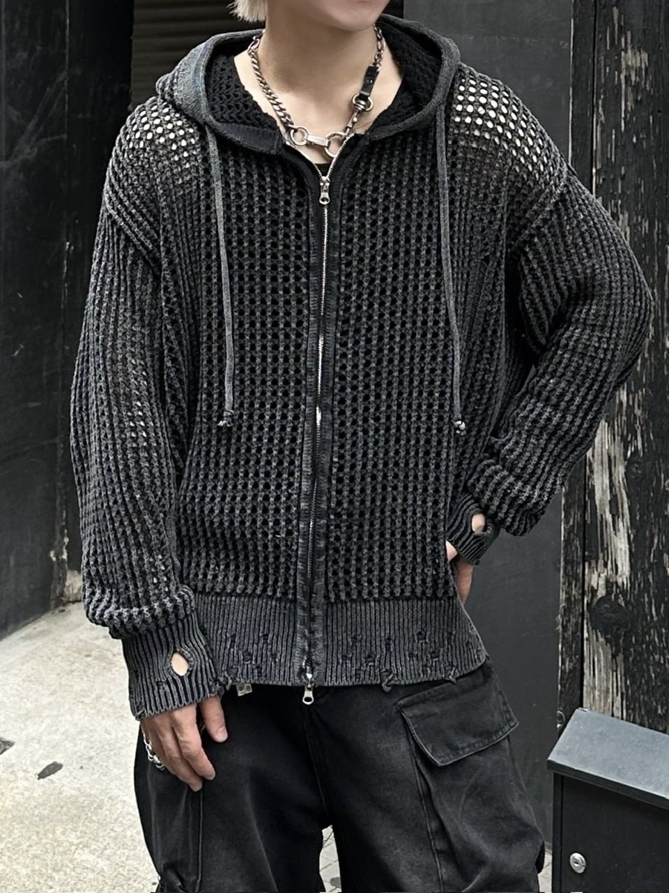 大阪店WEB限定受注制【Chikashitsu +】mesh zip damage hoodie (2color) / 【チカシツプラス】メッシュダメージジップアップ長袖パーカー