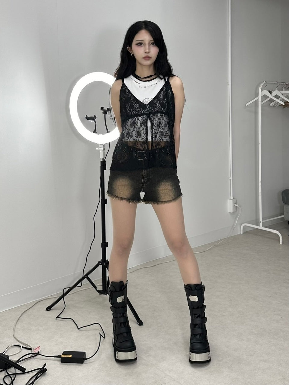 受注制【Never mind the XU】tie scarf lace tops (2color)