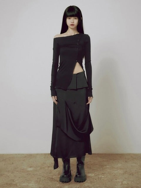 【FLAREUP】One-Shoulder Lettuce Stitch Cardigan