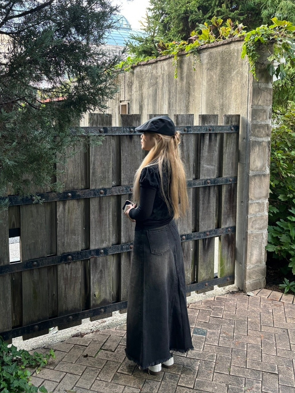 受注制【oaks】vintage wash denim maxi skirt (2color)