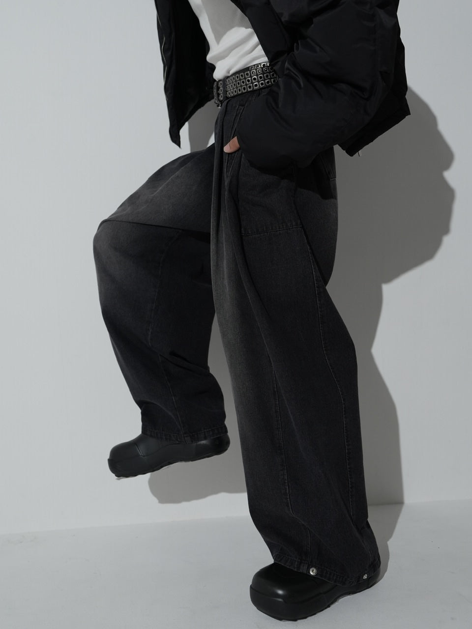 【CS】side tuck drape denim pants (black)