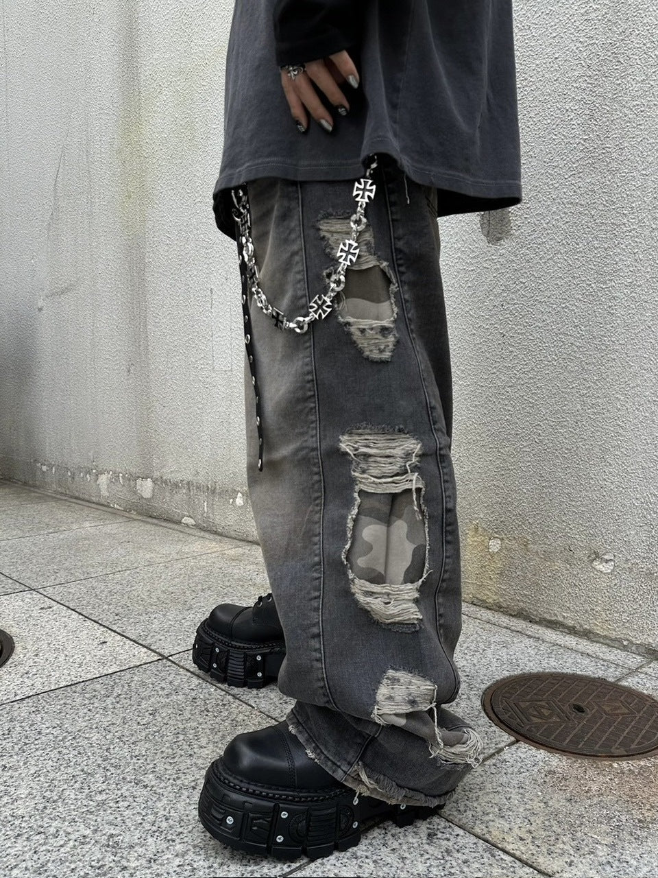 受注制【Never mind the XU】camouflage side damage denim pants (2color) / 【ネバーマインドザエックスユー】カモフラージュサイドダメージワイドデニムパンツ