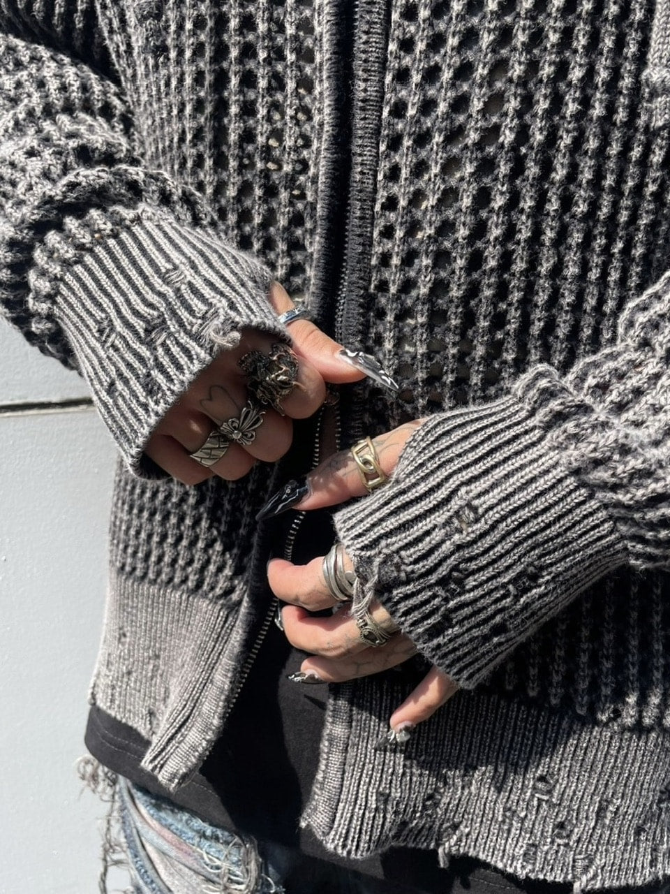 受注制【Never mind the XU】mesh zip damage hoodie (2color) / 【ネバーマインド ザ エックスユー】メッシュダメージジップアップ長袖パーカー