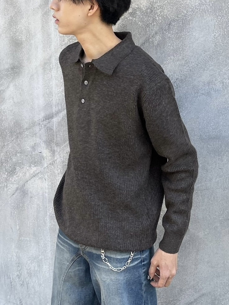 受注制【Chikashitsu +】wool touch lib knit polo (4color) / 【チカシツプラス】ウールタッチリブ長袖ニット