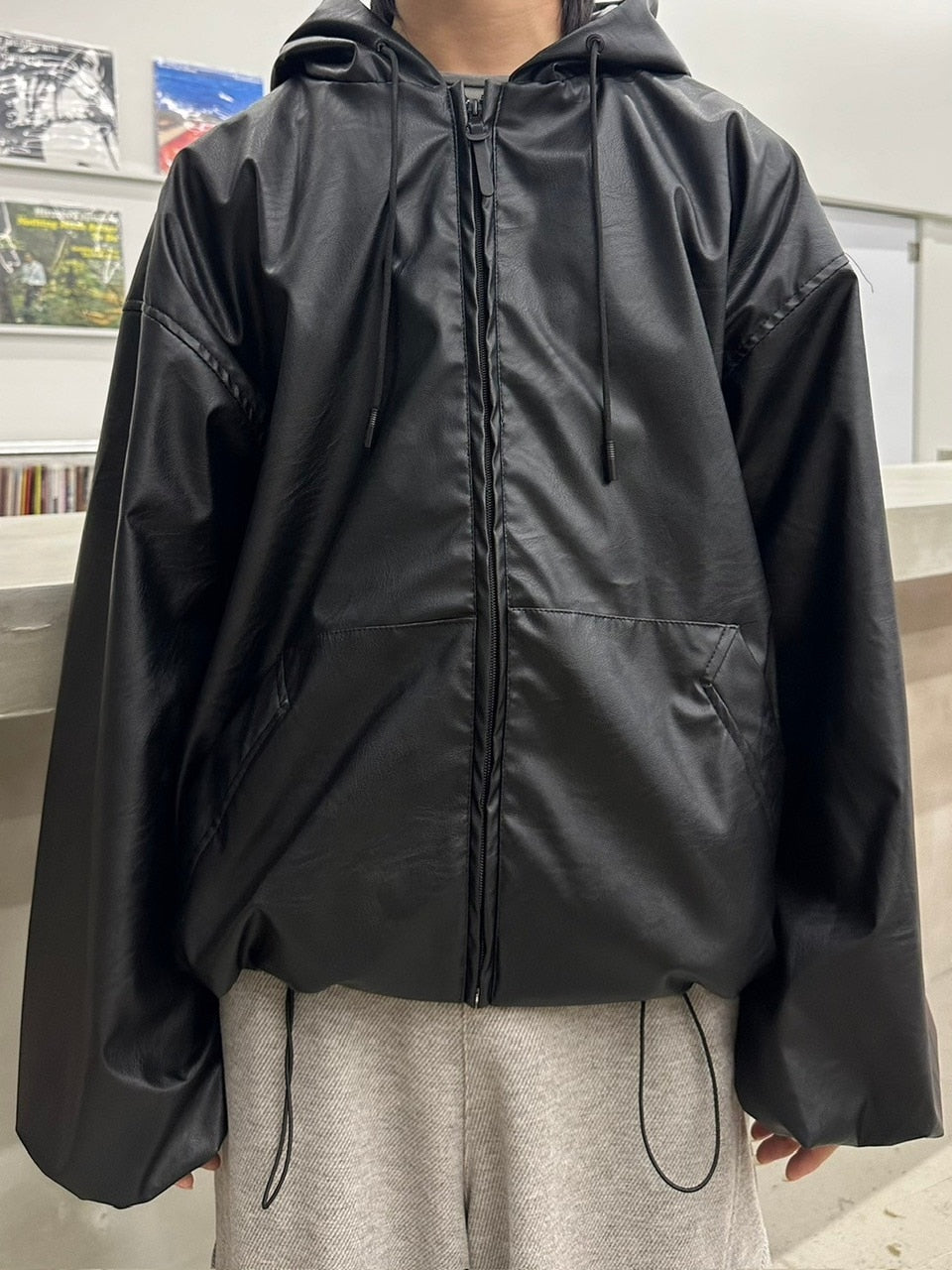 国際配送【LUV CODE】leather hooded jacket