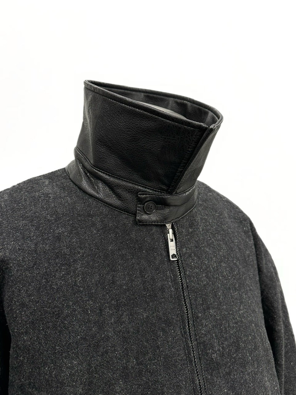 大阪店WEB限定【Chikashitsu +】cropped leather collar denim jacket