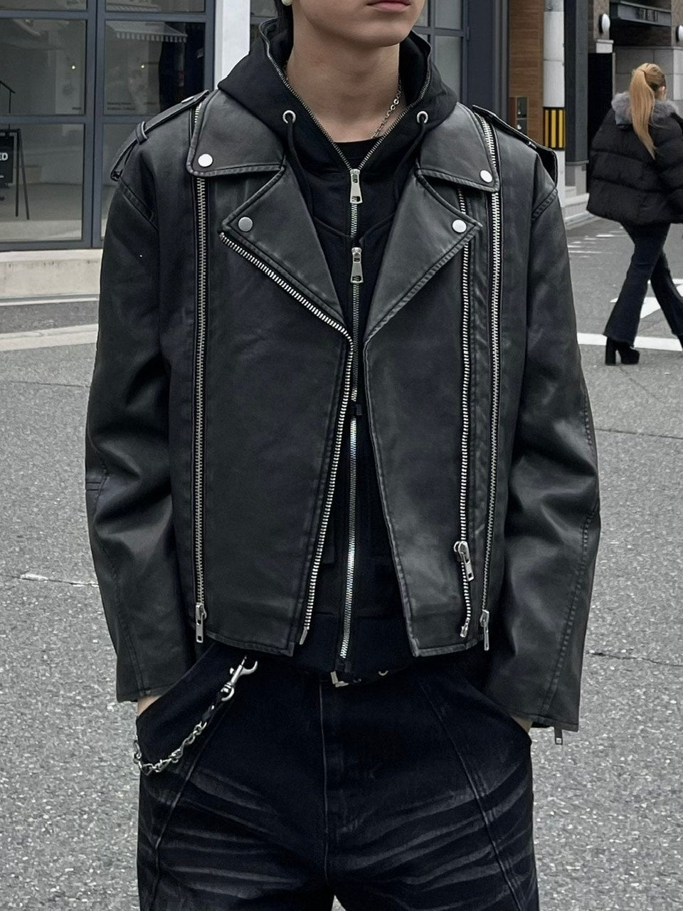 受注制【Chikashitsu +】aging wash cropped riders jacket