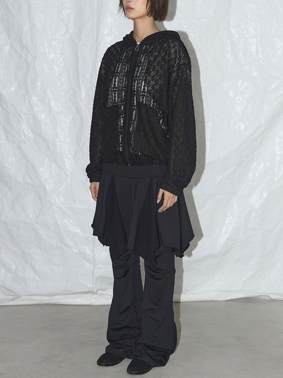 【FANCY CLUB】UNBALANCE SKIRT LAYERED PINTUCK PANTS