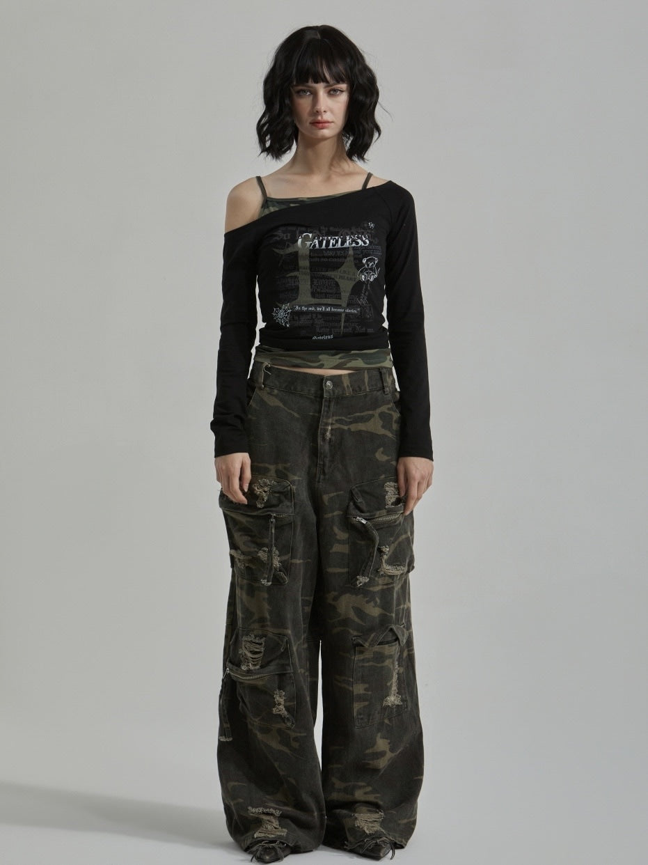 【GATELESS】CAMOUFLAGE LAYERED ONE SHOULDER T-SHIRT