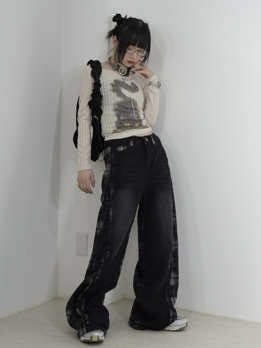 国際配送【Nerd out XU】high waist check wide denim pants