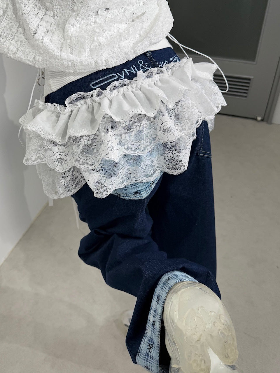 国際配送【Nerd out XU】design check wide denim pants