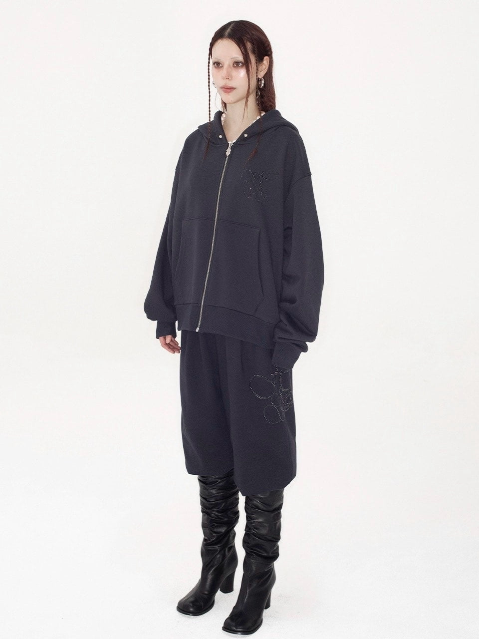 【HOLY NUMBER 7】OVERFIT HIP HOP MOVE CUBIC LETTERING HOODIE ZIP-UP