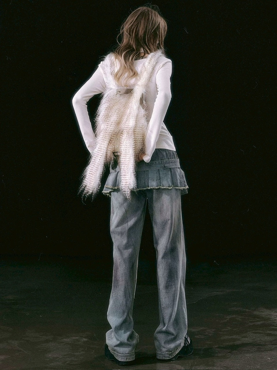 【Cest Nous】Dirty Wash Blue Denim Jeans / 【セヌー】ダーティーウォッシングスカートレイヤードデニムパンツ