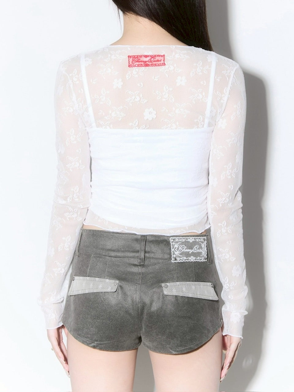 【CHERRYQUIRI】seethrough v neck shirring sleeve