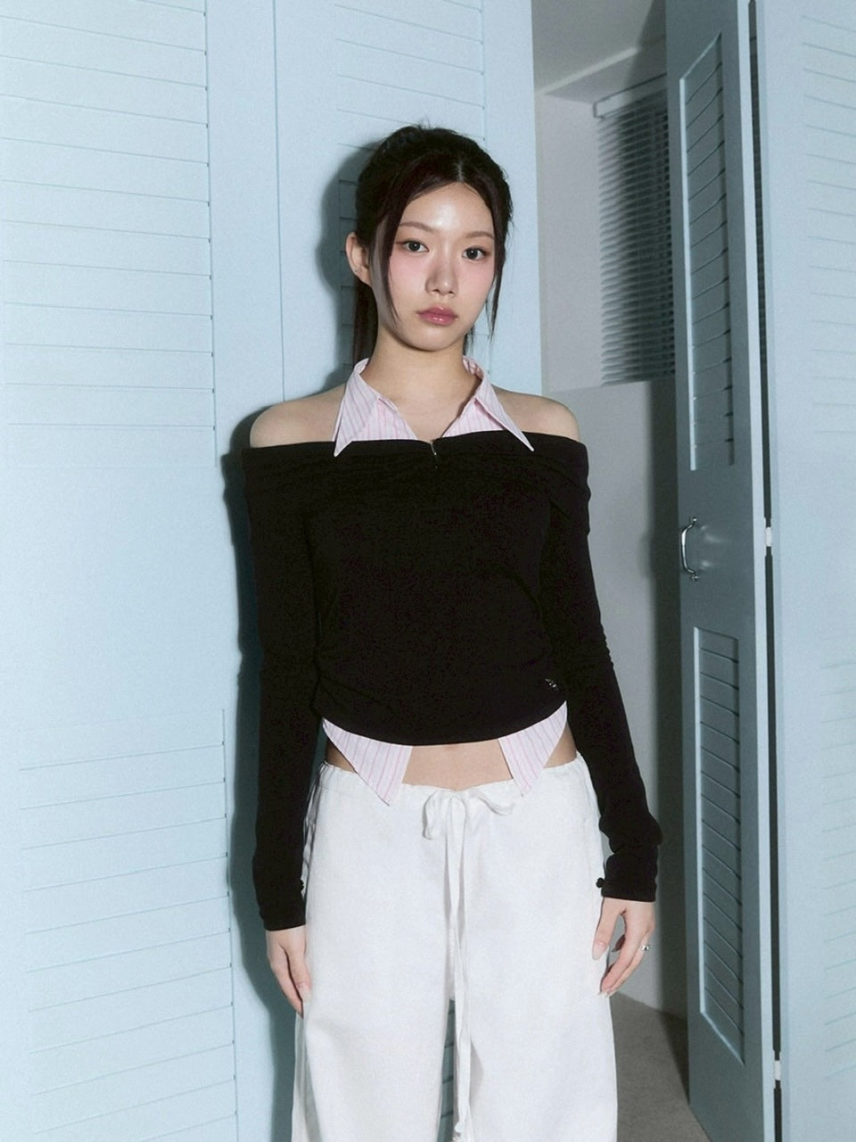 【CHERRYQUIRI】shirts layered off shoulder top