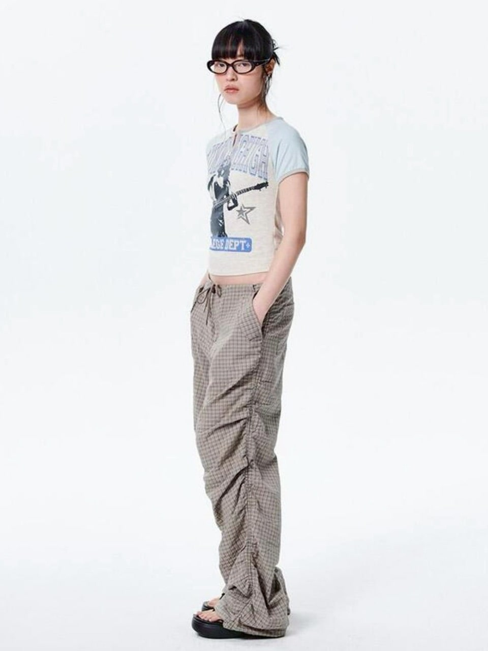 【runningHIGH】CHECK SHIRRING PARACHUTE PANTS