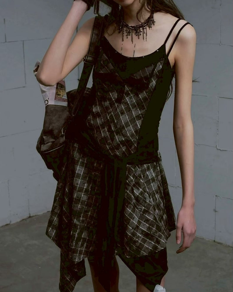 【Cest Nous】Plaid tie-strap camisole dress / 【セヌー】プリーツグレンチェックストラップキャミワンピース