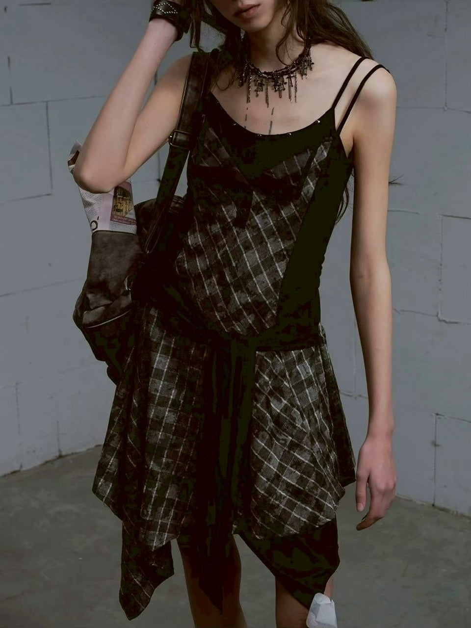 【Cest Nous】Plaid tie-strap camisole dress / 【セヌー】プリーツグレンチェックストラップキャミワンピース